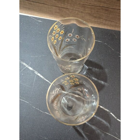 Hand-Painted Vintage Flower Glasses Set Of 2 Elegant Clear Tumblers With Yellow - Picture 4 of 8